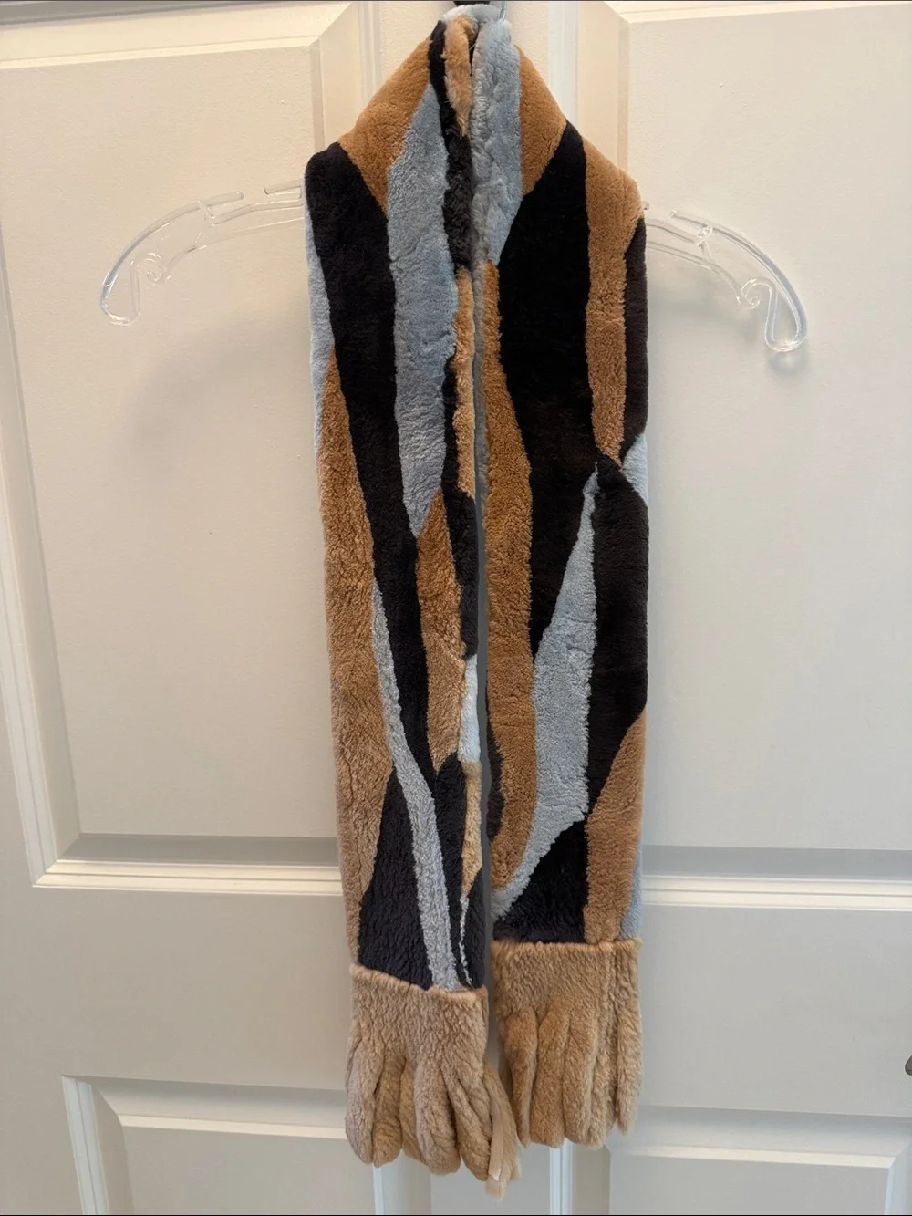 Plush Multi-Color real rabbit Fur Scarf - Brown, Black & Gray/blue